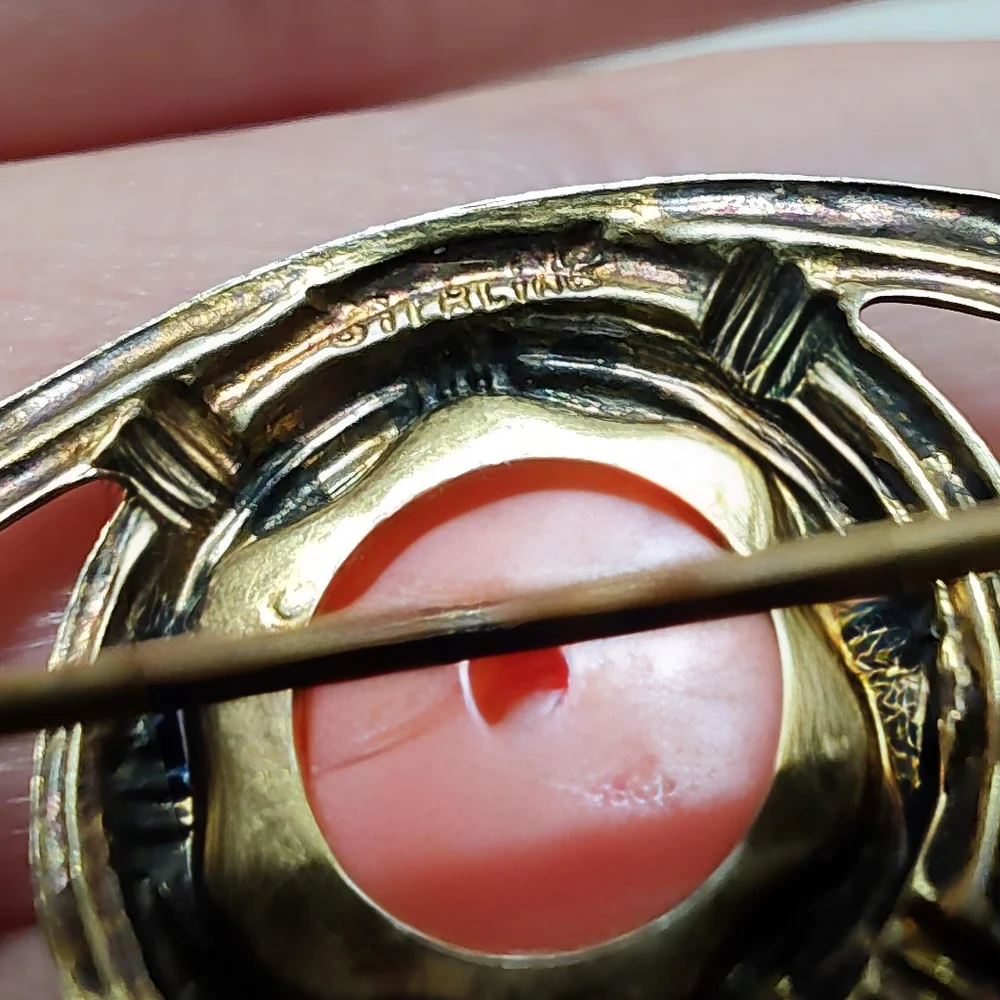 Vintage 1930's Sterling Silver Gold Vermeil Celluloid Coral Rose Brooch Pin
